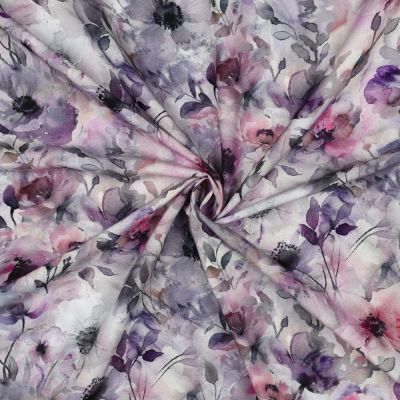 Tissu Ecovero Noémie fleurs aquarelles Roses sur fond Blanc cassé - Par 10 cm