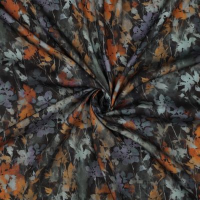 Tissu Viscose  Nina feuillage automnal Rouille sur fond Noir - Par 10 cm