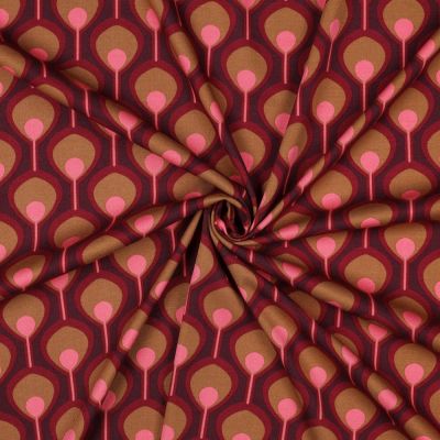 Tissu Viscose extensible Cléa œil de paon Doré sur fond Bordeaux - Par 10 cm