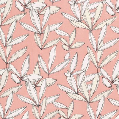 Tissu Mousseline feuilles écru sur fond Rose - Par 10 cm