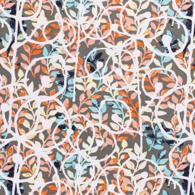 Tissu Jersey Viscose avec aspect crêpe Feuillage et motifs abstraits sur fond Gris - Par 10 cm