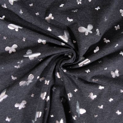Tissu Jersey Coton Papillons métalissés sur fond Gris anthracite chiné - Par 10 cm