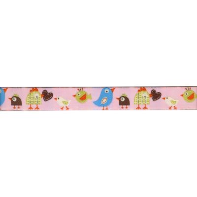 Galon Jacquard 16 mm Rose Oiseaux x1m
