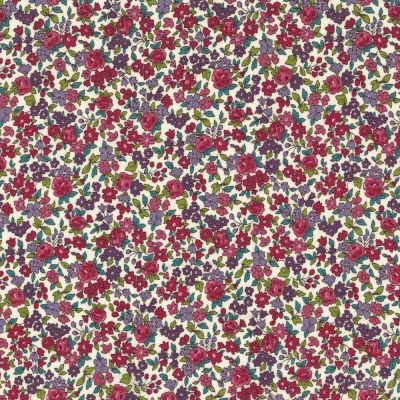 Tissu Coton Frou-Frou Fleuri N°13 Ecru et framboise - Par 10 cm