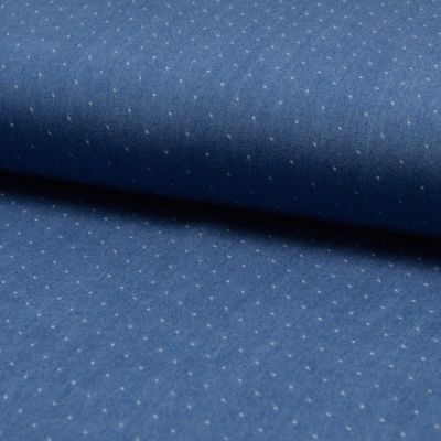 Tissu Chambray Tencel Bleu jean clair Pois Blancs - Par 10 cm