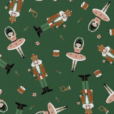 Tissu Coton imprimé Arty Cassenoisette sur fond Vert sapin - Par 10 cm