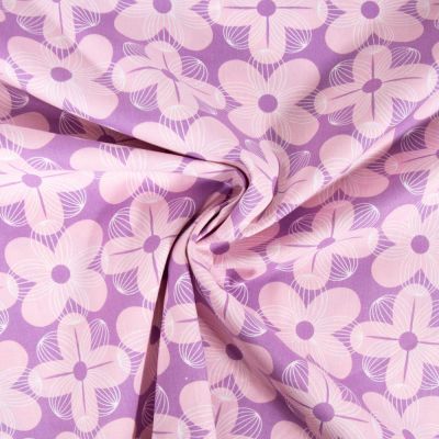 Tissu Popeline de Coton imprimé Fleuris géométrique sur fond Lilas - Par 10 cm