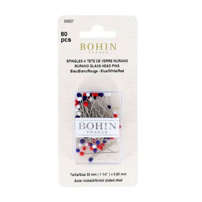 Epingles extra-fines tête de verre Murano Bleu Blanc Rouge Bohin x80