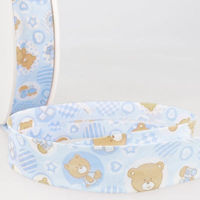 Biais replié 25 mm Oursons et coeurs sur fond Bleu x1m