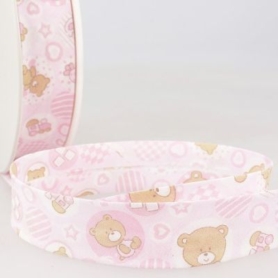 Biais replié 25 mm Oursons et coeurs sur fond Rose x1m