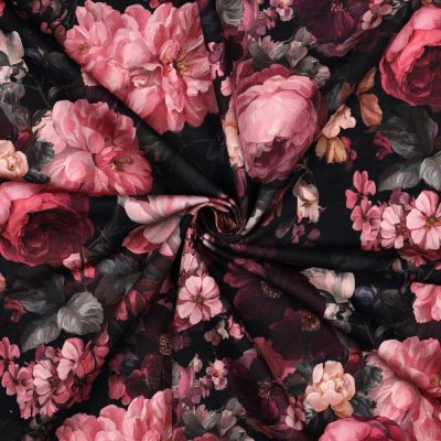 Tissu Sweat léger envers gratté digital Inès digital fleurs sur fond Noir - Par 10 cm