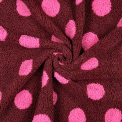 Tissu Bouclette Teddy imprimé June pois sur fond Bordeaux - Par 10 cm
