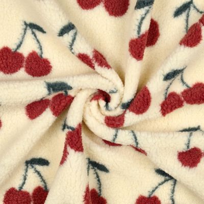 Tissu Bouclette Teddy imprimé Cerises sur fond Ecru - Par 10 cm