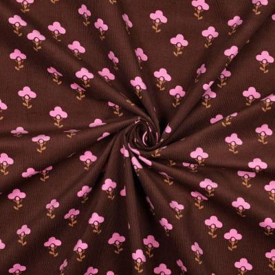Tissu Velours milleraies imprimé Fleurs Rose sur fond Marron - Par 10 cm