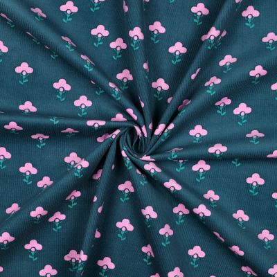 Tissu Velours milleraies imprimé Fleurs Rose sur fond Bleu canard - Par 10 cm