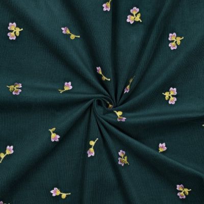 Tissu Velours milleraies Petites fleurs brodées sur fond Vert canard - Par 10 cm