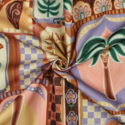Tissu Déperlant impression digital Patchwork méditerranéen sur fond Lilas - Par 10 cm