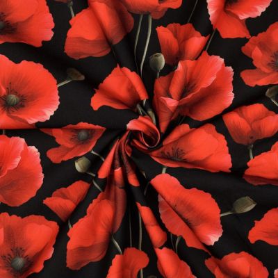Tissu Déperlant impression digital Coquelicots rouges sur fond Noir - Par 10 cm
