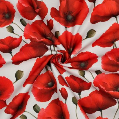 Tissu Déperlant impression digital Coquelicots rouges sur fond Blanc cassé - Par 10 cm
