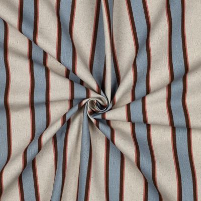 Tissu Toile Polycoton canvas aspect lin Lior rayures Bleu et Rouge sur fond Naturel - Par 10 cm