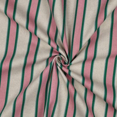 Tissu Toile Polycoton canvas aspect lin Lior rayures Rose et Vert sur fond Naturel - Par 10 cm