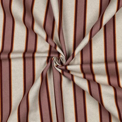 Tissu Toile Polycoton canvas aspect lin Lior rayures Vieux rose et Orange sur fond Naturel - Par 10 cm
