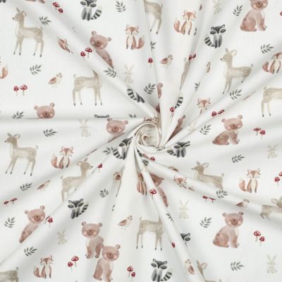 Tissu Popeline de Coton digital Tara animaux de la forêt sur fond Blanc - Par 10 cm