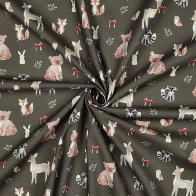 Tissu Popeline de Coton digital Tara animaux de la forêt sur fond Vert kaki - Par 10 cm