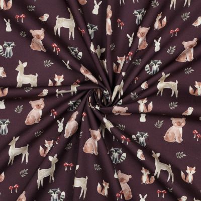 Tissu Popeline de Coton digital Tara animaux de la forêt sur fond Burgundy - Par 10 cm