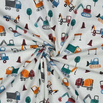 Tissu Popeline de Coton digital Tom engins de chantier sur fond Blanc - Par 10 cm