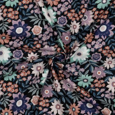 Tissu Popeline de Coton Poppy tissage fin fleurs Lio sur fond Noir - Par 10 cm