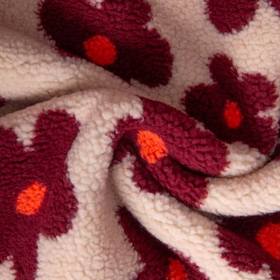 Tissu Sherpa Elya Fleurs Bordeaux sur fond Ecru - Par 10 cm