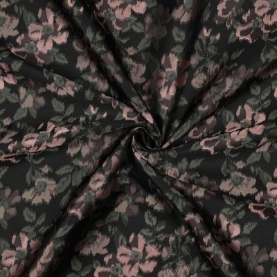 Tissu Jacquard Alizé fleurs Rose ancien sur fond Noir - Par 10 cm