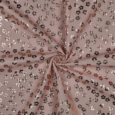 Tissu Double gaze de Coton Poppy Fleur foil sur fond Vieux rose - Par 10 cm