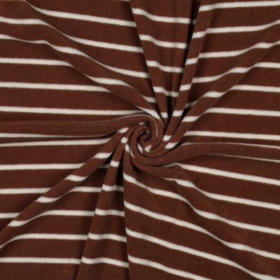 Tissu Jersey Velours Eponge fil teint rayé Blanc sur fond Terracotta - Par 10 cm
