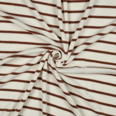 Tissu Jersey Velours Eponge fil teint rayé Terracotta sur fond Ecru - Par 10 cm