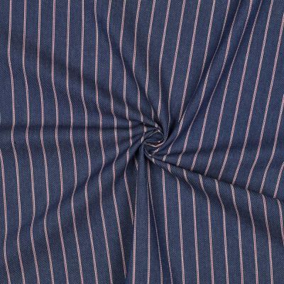 Tissu Jeans Denim Annie Rayures fines bordeaux sur fond Bleu foncé - Par 10 cm