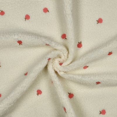 Tissu Bouclette Teddy Pêches brodées sur fond Blanc cassé - Par 10 cm