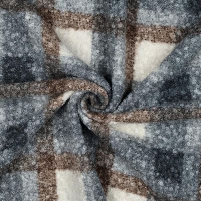 Tissu Bouclette Carreaux tartan Brun et Blanc sur fond Bleu ancien - Par 10 cm