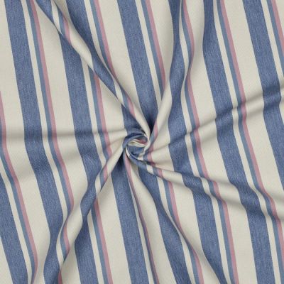 Tissu Jeans Denim fil teinté Chloé Rayures bleu et rose sur fond Ecru - Par 10 cm