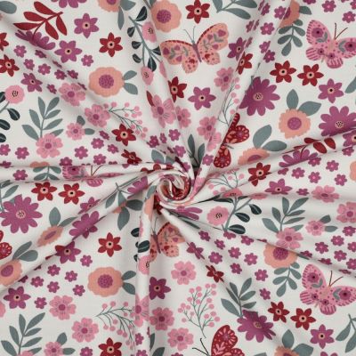 Tissu Sweat léger envers gratté Fleurs et papillon sur fond Blanc cassé - Par 10 cm