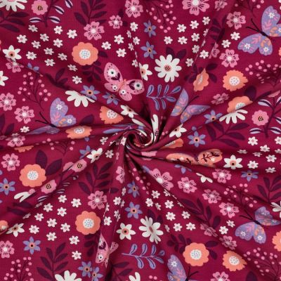 Tissu Sweat léger envers gratté Fleurs et papillon sur fond Violine - Par 10 cm