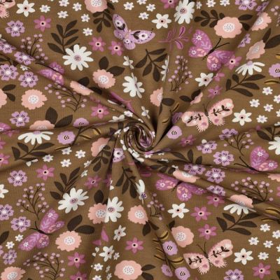 Tissu Sweat léger envers gratté Fleurs et papillon sur fond Camel - Par 10 cm