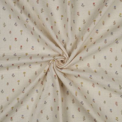 Tissu Double gaze de Coton Bio Nadia petites fleurs multicolore sur fond Naturel - Par 10 cm