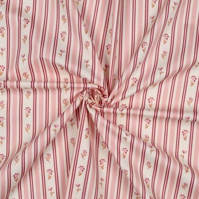 Tissu Popeline de Coton Daphnée rayures fleuries Rose sur fond Blanc cassé - Par 10 cm