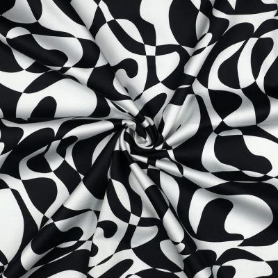 Tissu Coton satiné Iris motif abstrait Noir sur fond Blanc - Par 10 cm