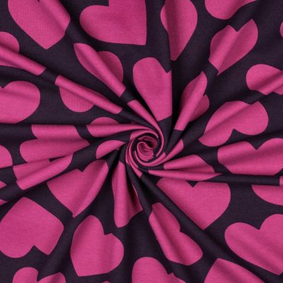Tissu Sweat léger envers molletonné Emmy coeurs Violet sur fond Noir - Par 10 cm