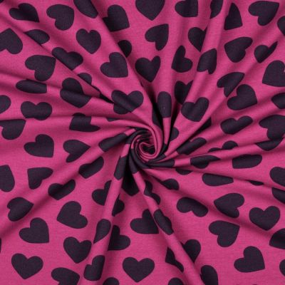 Tissu Sweat léger envers molletonné Emmy coeurs Bleu marine sur fond Violet - Par 10 cm