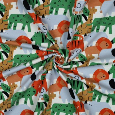 Tissu Sweat léger envers gratté Noé animaux savane sur fond Blanc - Par 10 cm