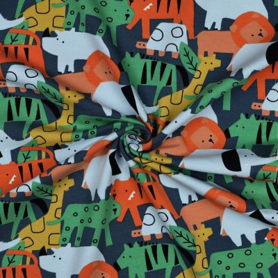 Tissu Sweat léger envers gratté Noé animaux savane sur fond Bleu marine - Par 10 cm